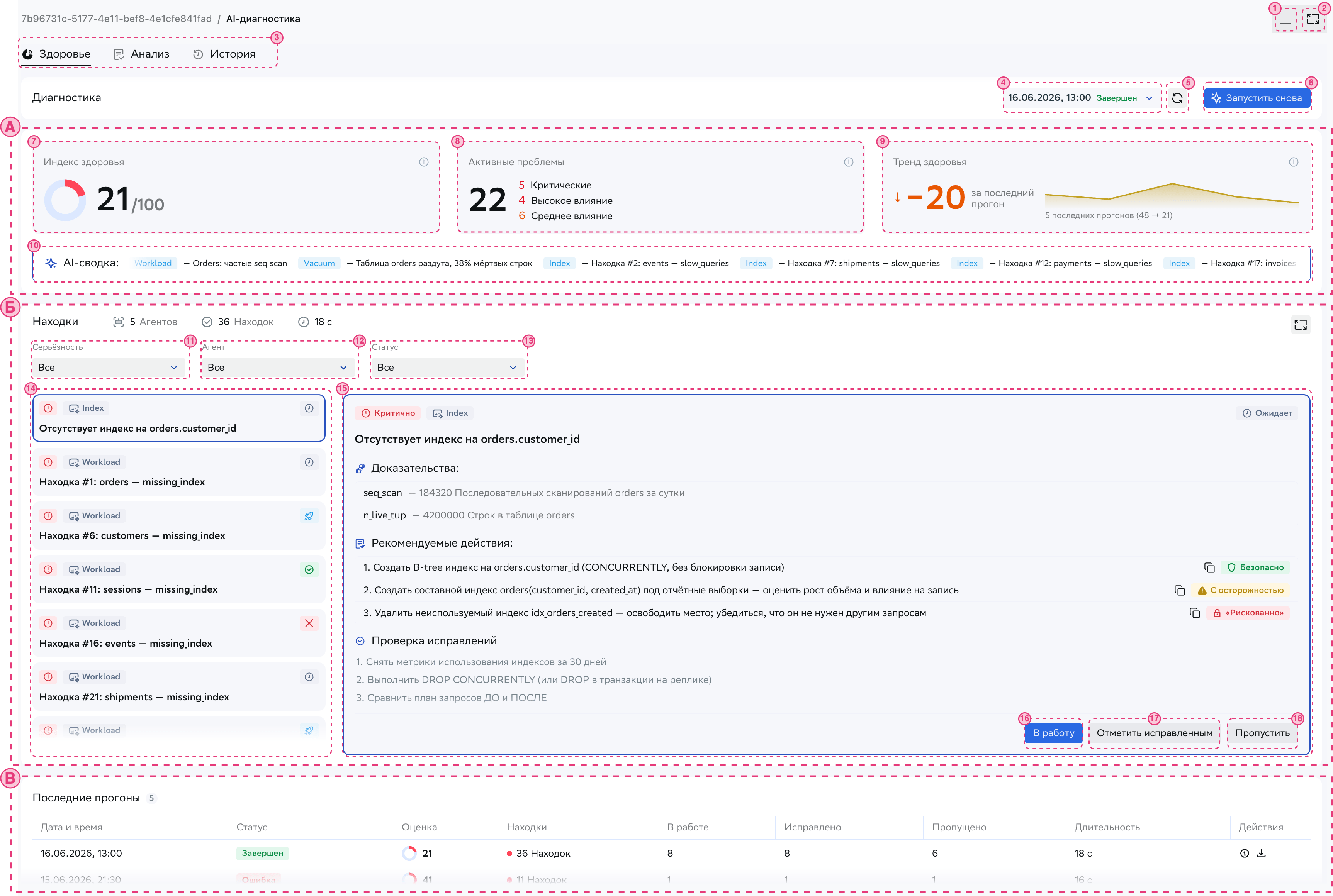 Скриншот панели AI-сервиса DB Advisor вкладка Здоровье