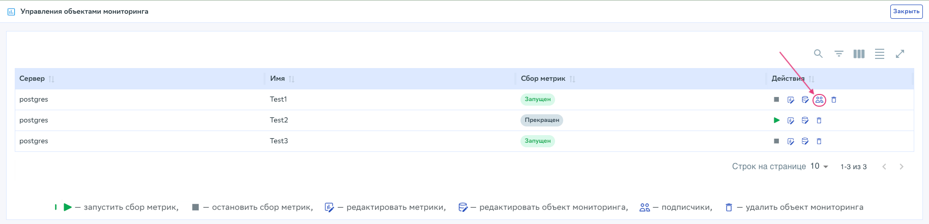 Окно Управление объектами мониторинга