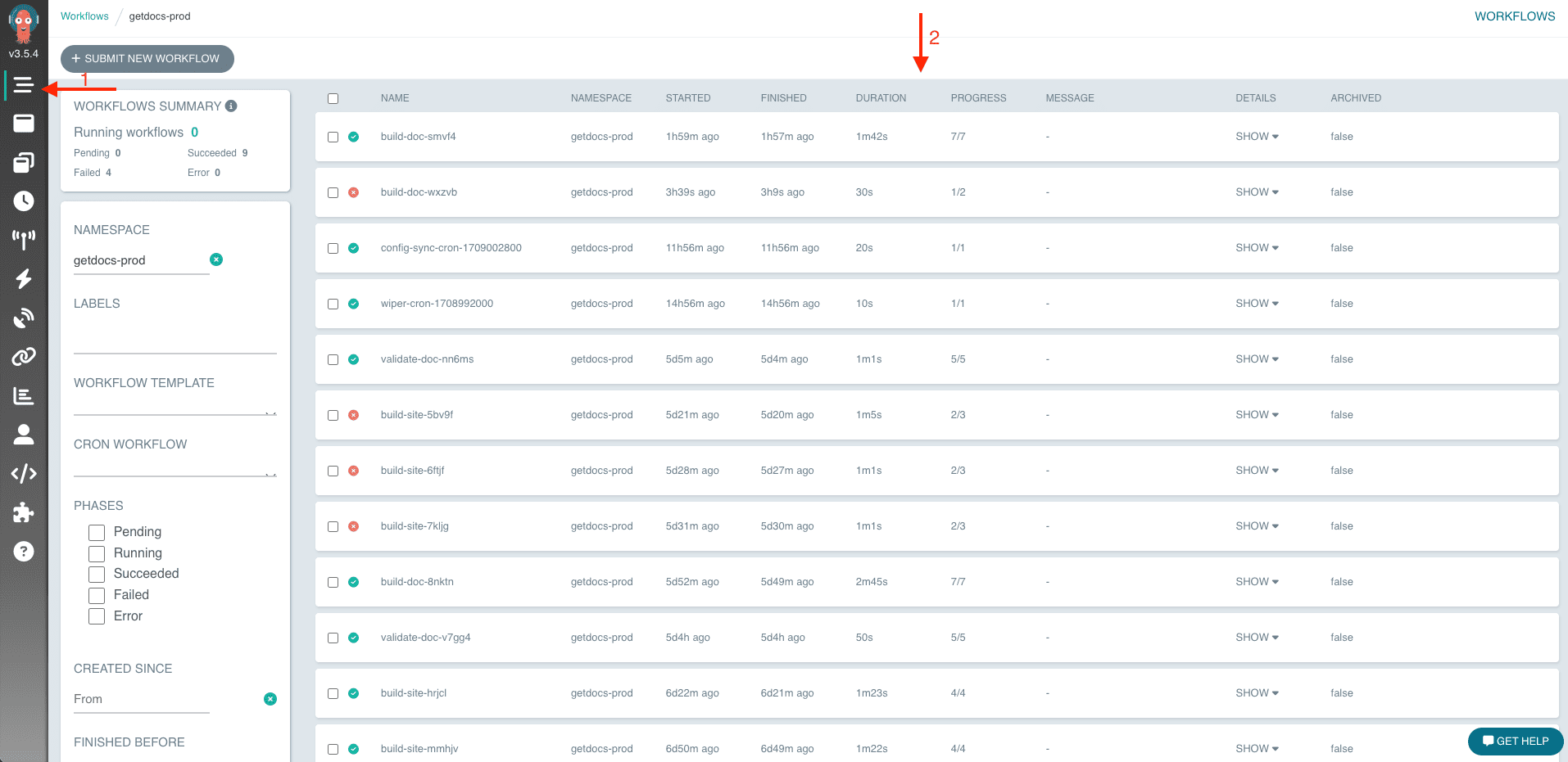 Страница Workflows