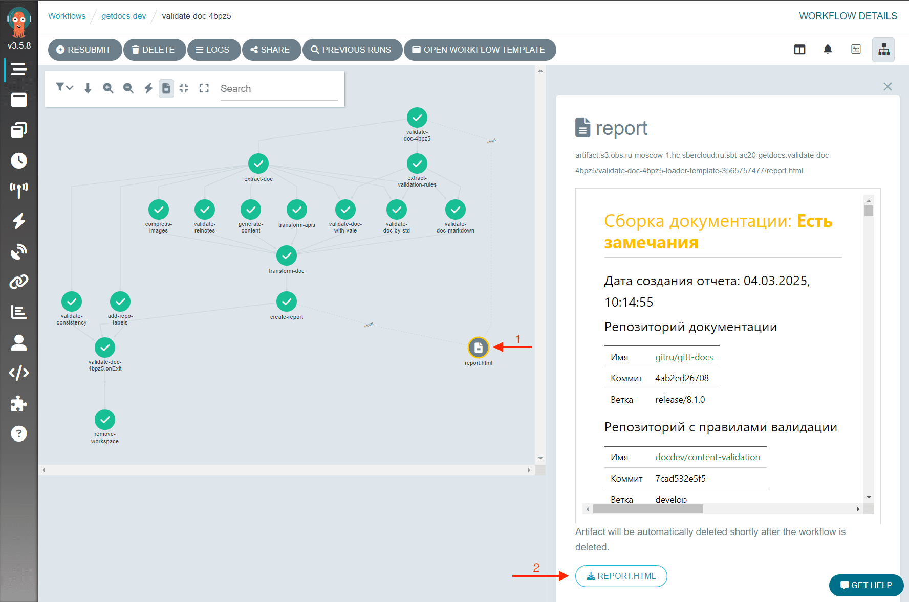 Результат выполнения workflow валидации