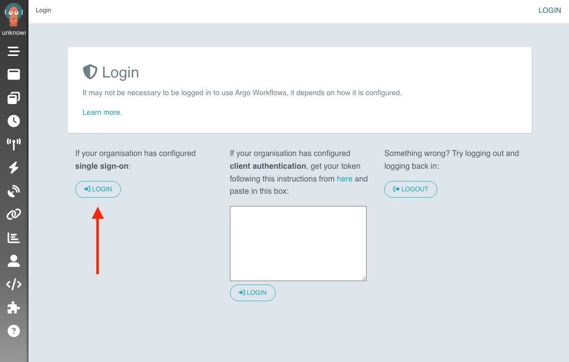Страница Login в Argo Workflows