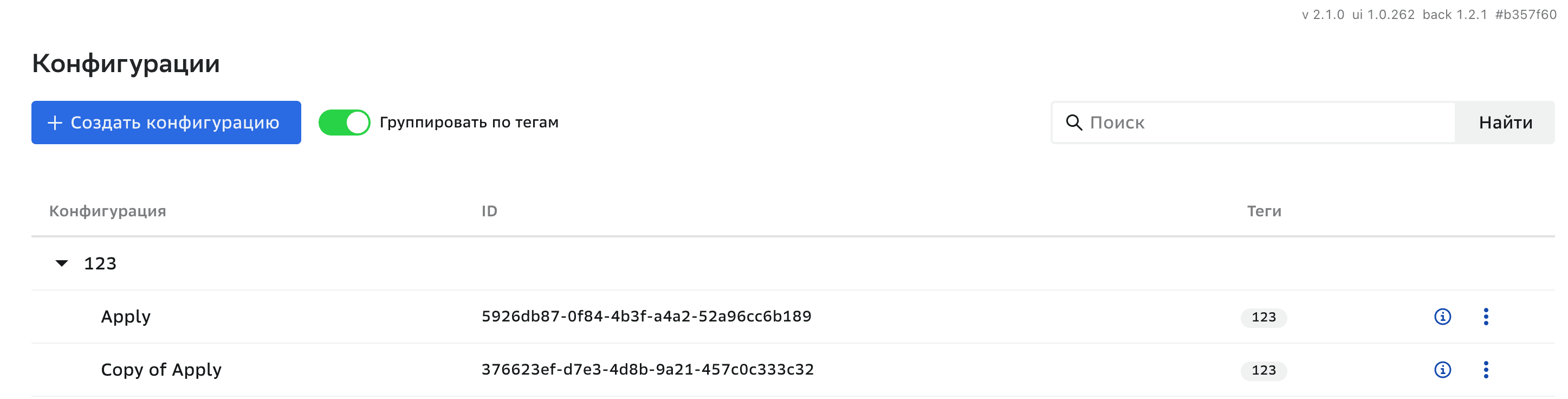 Конфигурации, Группировка по тегам