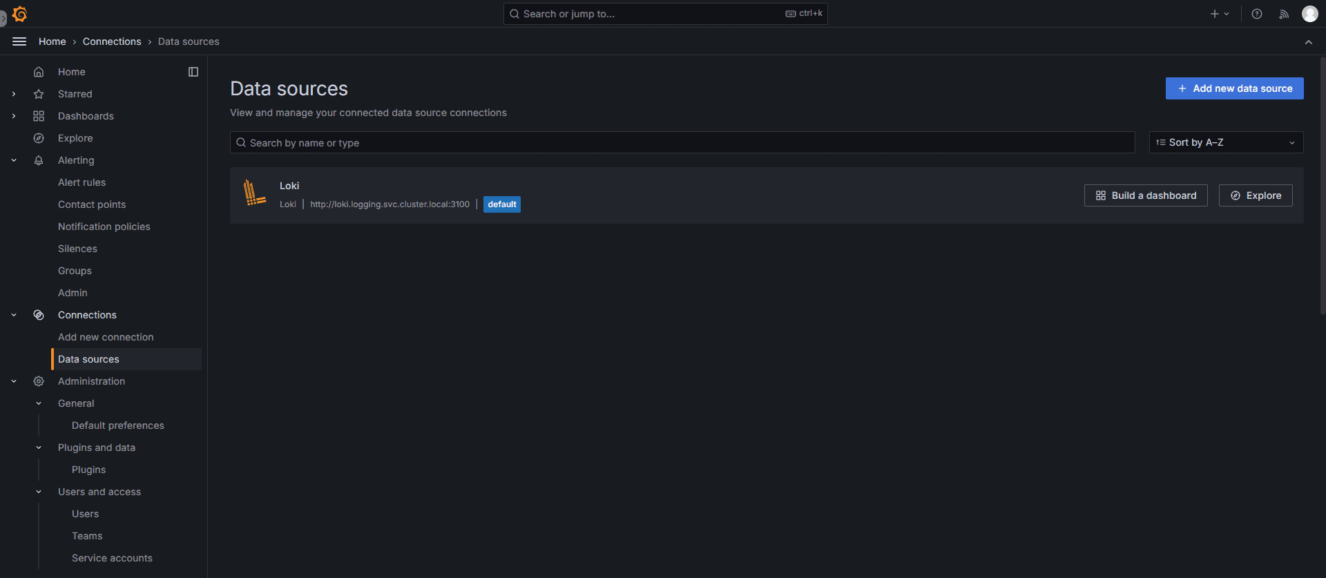 Раздел меню «Data source Loki» в Grafana