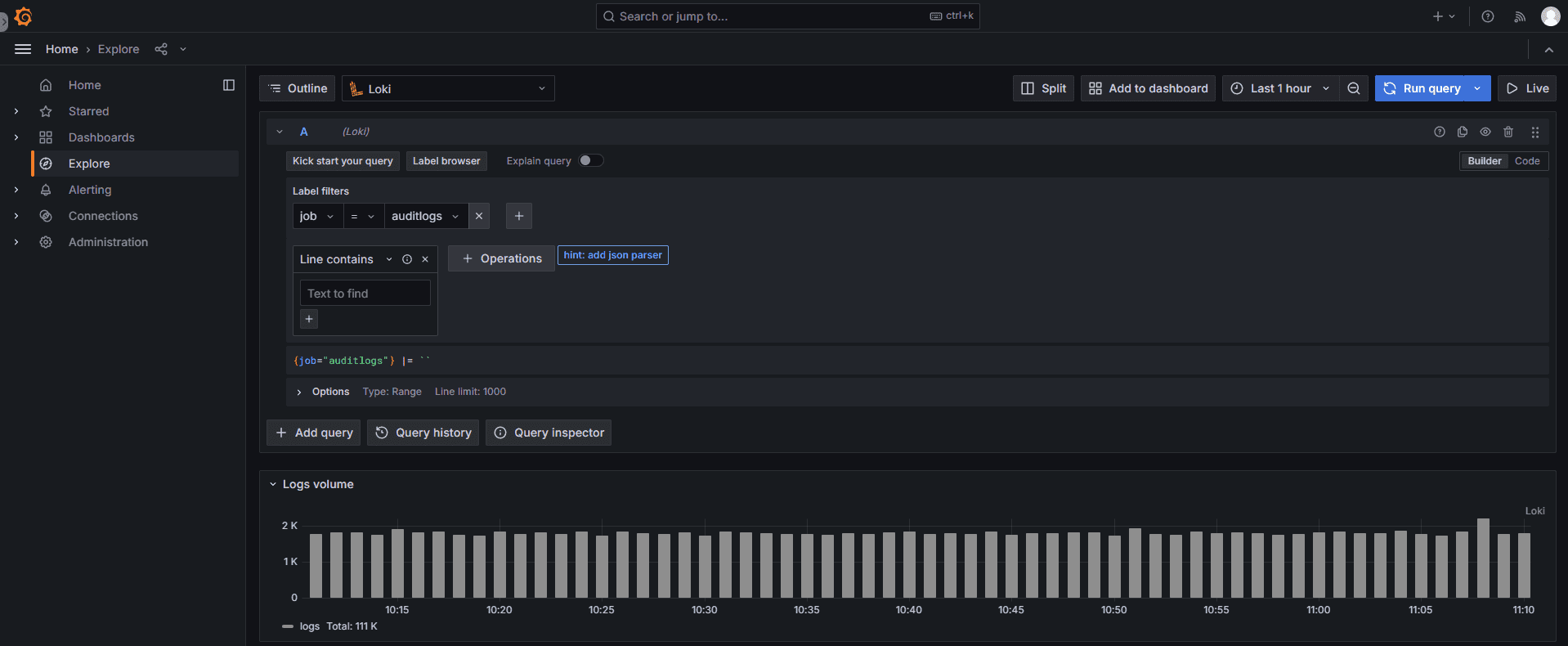 Раздел меню «Explore» в Grafana