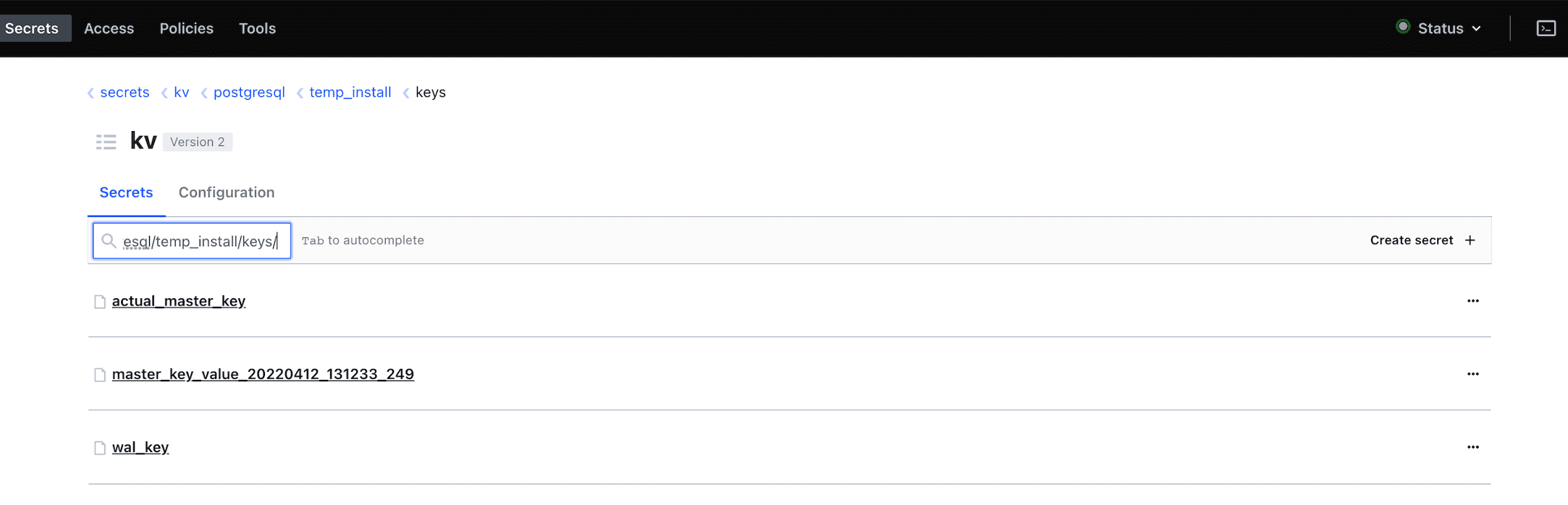 Пример структуры хранения ключей в Hashicorp Vault