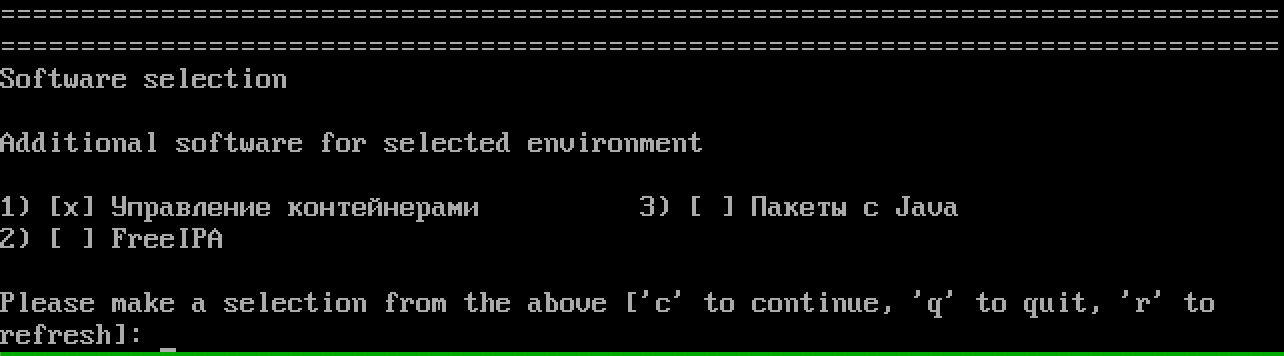 Меню выбора дополнительного программного окружения