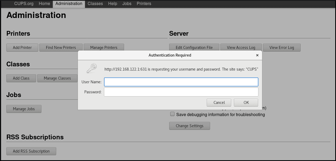 Добавить принтер в cups ui auth n