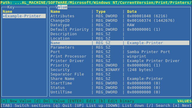 Приложение samba-regedit на основе ncurses для редактирования реестра сервера Samb