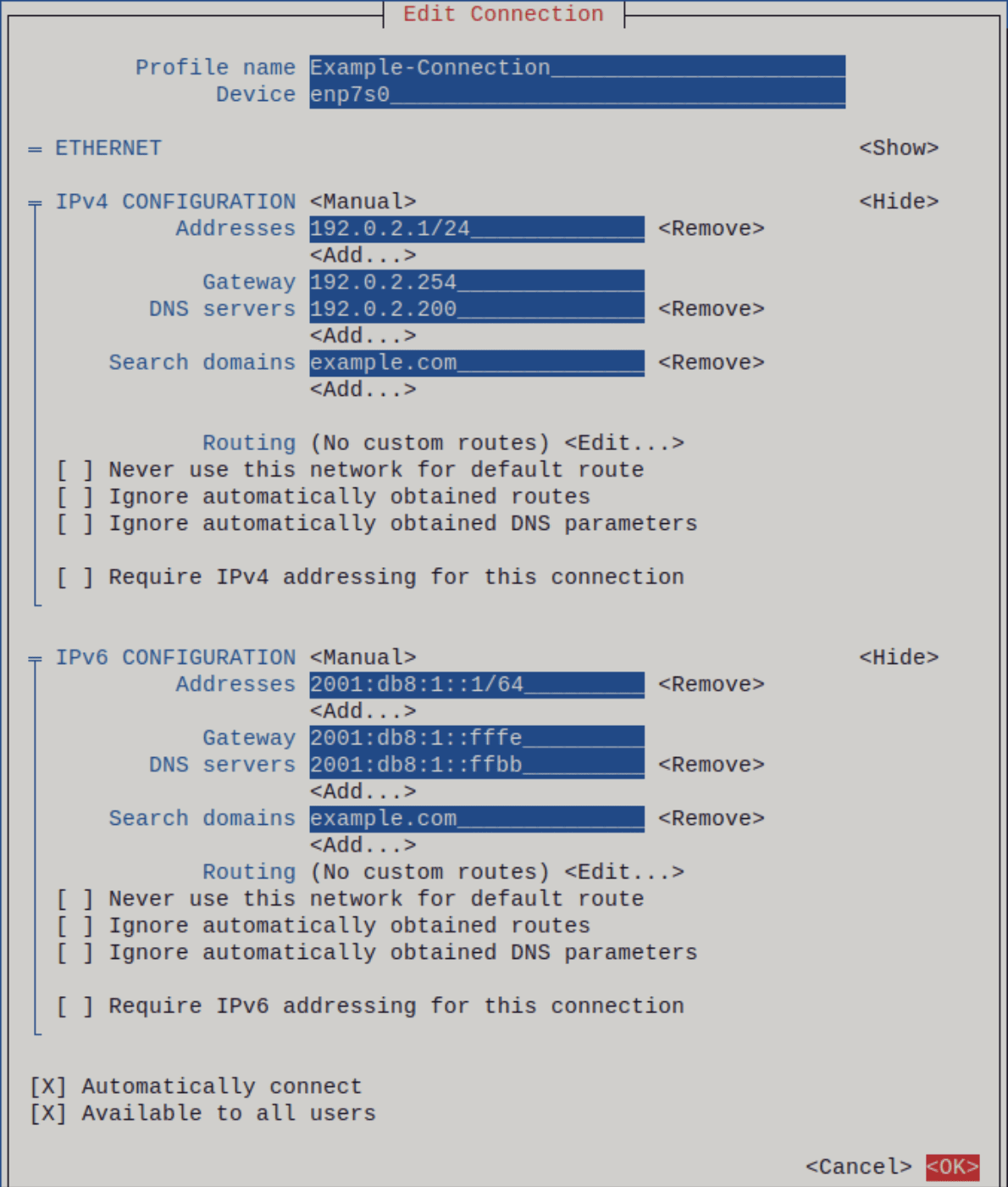 Пример соединения Ethernet со статическими настройками IP-адреса
