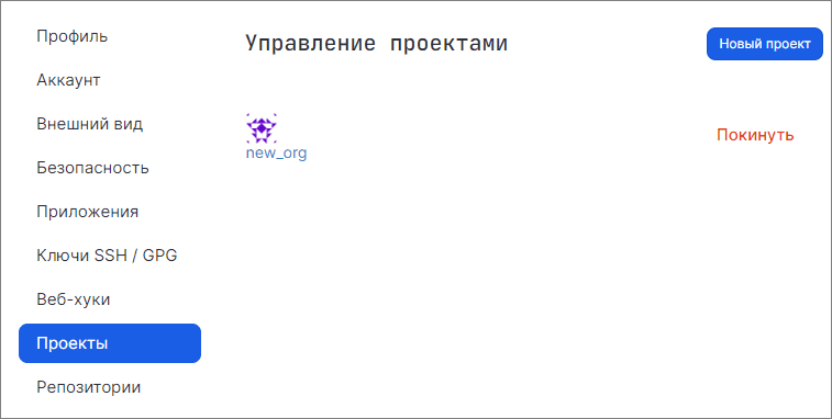 Интерфейс создания нового проекта через пользовательское меню «Настройки» в разделе «Проекты»